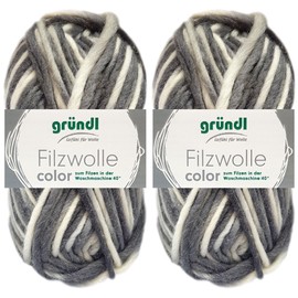 2 x 50 g Gründl Felt Wool Colour Made from 100% Pure Virgin Wool Including Instructions for Pot Holders (20 Black, Grey, White, Multicolour)