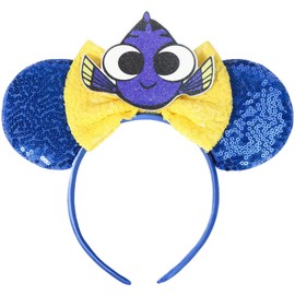 POGDIK Mouse Ears Headband, Sparkle Bow Headband for Women Girls Boys, Sequin Hair Beauty Accessories (Blue Ears)