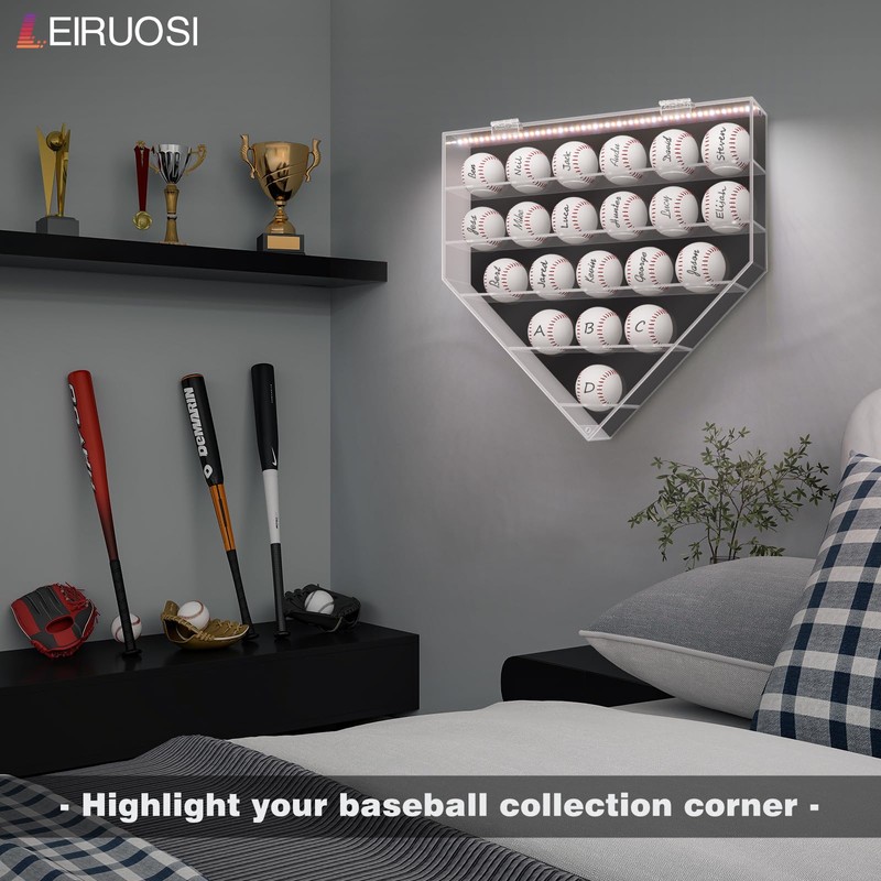 Leiruosi Acrylic Display Case for Baseball, Lighted Wall Mounted Shadow