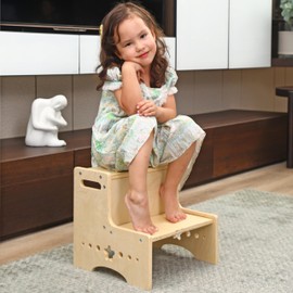 Saihony Wooden 2 Step Stool for Kids Toddler Step Stool for Toilet Potty Training, 2 Step Stool with Handle Toddler Kitchen Helper Ideal for Bathroom, Kitchen, and Toilet Potty Training Natural