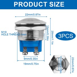 SopwMap 3-Piece 19 mm Momentary Push Button Made of Stainless Steel, Waterproof Screw Terminal Buttons, 2A 12V/24V/125V/250V, Flat Head, for Vehicles and Industrial Applications