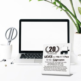 20 Year Work Anniversary Sign Gifts for Employee, 20th Work Anniversary Decor Gifts for Women, Modern Silver Stainless Steel Desk Plaque with Inspirational Quotes, 10 x 10 x 1.5 cm,WLK68