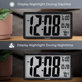 SHARP Alarm Clock with Easy to Read 2.8” Jumbo Screen with Indoor Temperature, Nightlight, Calendar, Battery Operated Digital Clock for Bedrooms or Travel, Black