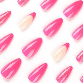French Tip Press on Nails Hot Pink Glitter Acrylic Nails Almond Shape Fake Nails with French Tip Designs Glossy Rose Red False Nails Medium Length Glue on Nails for Women and Girls 24 Pcs