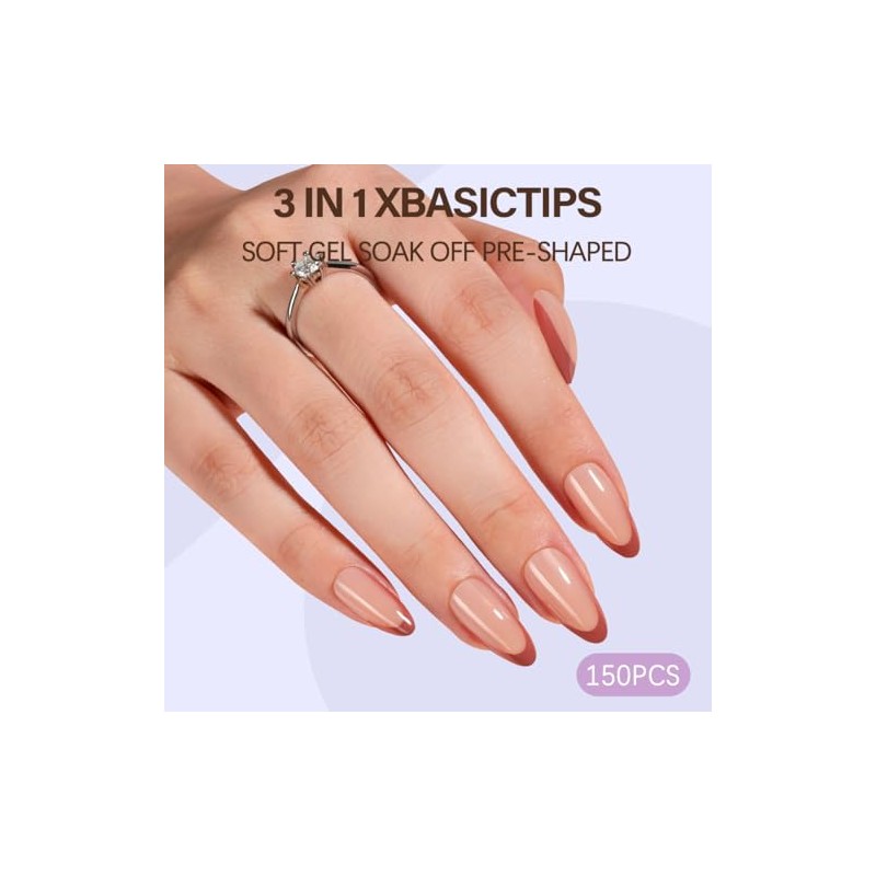 Misssix XBASICTIPS Uñas postizas francesas, 150 unidades, almendra mediana, gel