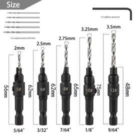 Countersink Drill Bit with Countersink, Wood Drill Bit with Countersink, 5 Pieces 1/4 Inch Spiral Drill Bit with Countersink, 5-Piece HSS Twist Drill Bit with a Wrench, Drill Countersink
