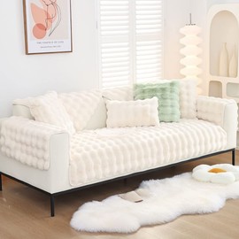 vctops White Faux Fur Fleece Sofa Cover Soft Cozy Fluffy Plush Bubble Couch Cover Non Slip Sectional Couch Cover Fuzzy Furry Sofa Slipcover Furniture Protector for Living Room (White,28"x28")