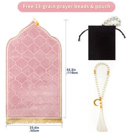 YAZEIN Muslim Prayer Rug with Tasbih Prayer Beads, Soft Memory Foam Prayer Matt Islam, Padded Islamic Prayer Mat Thick for Men and Women, Janamaz, Sajadah (25.6" x 43.3", Pink)