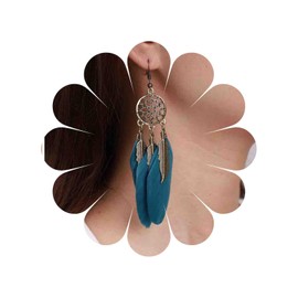 TseenYi Boho Long Feather Tassel Earrings Blue Feather Drop Earrings Gold Circle Filigree Dangle Earrings Vintage Feather Fringe Earrings Gypsy Trunk Earrings Jewellery for Women and Girls, Alloy