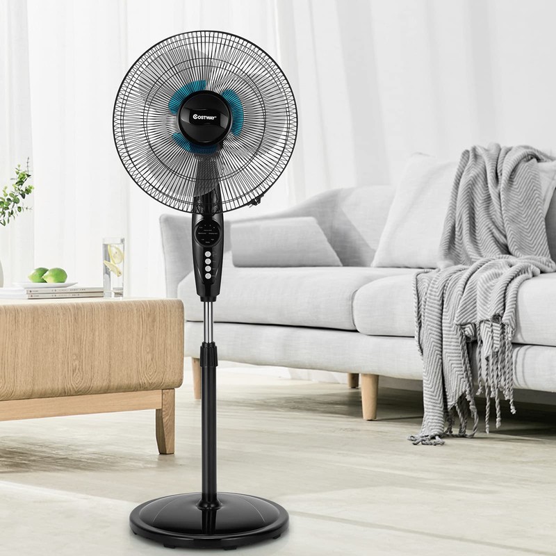 COSTWAY Pedestal Fan, 16-Inch Adjustable Height Fan, 3-Speed Digital Control,