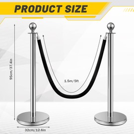 Ferraycle 4 Pcs Crowd Control Stanchions and Velvet Ropes 5 ft Poles Silver Crowd Control Barriers Black Ropes Stainless Steel Stanchions Post for Party Supplies