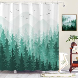 Aipon Teal Misty Forest Shower Curtain Ombre Nature Tree Plants Shower Curtains Fabric Waterproof Mountain Shower Curtain Sets for Bathroom Bath Decor with 12 Hooks (Teal, 72'' × 84'')