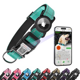 Dog Collar with QR Code, Reflective Dog Collar, Soft Neoprene Padded & Safety Locking Buckle Adjustable Pet Collar (Teal, L-with Airtag Holder)