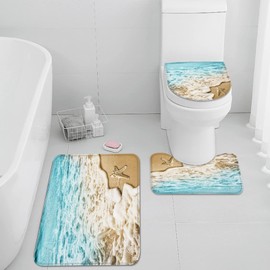 Britimes Blue Sea Summer Bathroom Rug Set of 3, Tropical Beach with Starfish 3 Pieces Bath Mats Set, No Silp Washable Cover Floor Rug Decorations for Kitchen Bathroom Bedroom