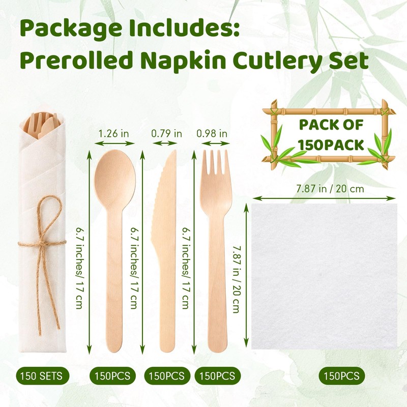 Nuenen 600 Pcs Pre Rolled Napkin and Bamboo Cutlery Set
