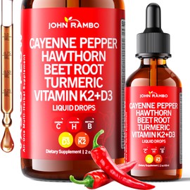 Cayenne Pepper Liquid Drops, Organic Cayenne Pepper Extract with Hawthorn Berry, Beetroot, Turmeric, Vitamin K2 & D3 Supplement for Immune Support, Circulation & Overall Wellness, Gluten Free, 2 Fl Oz