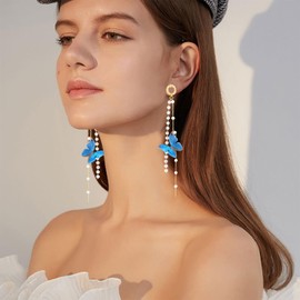 JNONL Elegant Bohemian Long Sparkly Crystal 3D Butterfly Dangle Drop Earrings Cute Fashion Pearl Tassel Butterfly Animal Stud Earrings for Women Statement Wedding Jewelry Gifts (Blue)