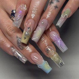 IMRAIN Press on Nails Square Long Colorful French Tips Fake Nails Extra Long Glue on Nails Glossy Full Cover Artificial False Nails with Pearl Butterfly Designs Stick on Nails for Women