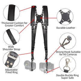 JUSTHERE Camera Harness, Dual Camera Harness for Photographers, Leather Camera Strap for Two-Cameras Double Camera Harness for DSLR/SLR Strap for Travel photography, Camping, Vacation (Black)