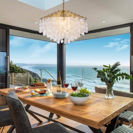 TOCHIC Capiz Shell Chandelier, 6 Lights Gold Coastal Chandelier Light Fixture, Modern Chandelier for Dining Room, Round Layered Boho Pendant Light for Bedroom, Living Room, Foyer, Brass, 23.62"