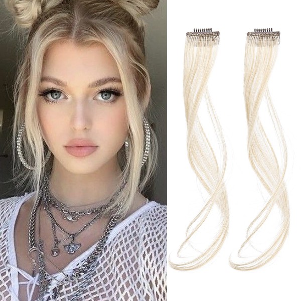 REECHO Long Side Air Bangs, Wavy Curly Clip in Bangs Front Side Bangs for Women Daily Use 2 PCS Set Long Temples-Cool Light Blonde