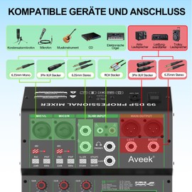 Aveek Audio Mixer,Professional Sound Board Mixing Console with USB Drive/Bluetooth/Computer/4 Channel Stereo Input DJ Mixer,48V Phantom Digital 99 DSP Effect for PC Recording Karaoke Studio Streaming