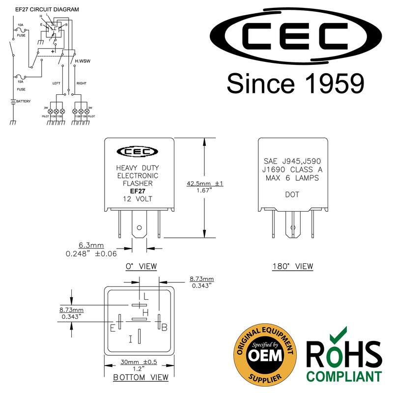 CEC Industries EF27 12V Heavy Duty 5-Pin Electronic Flasher Relay