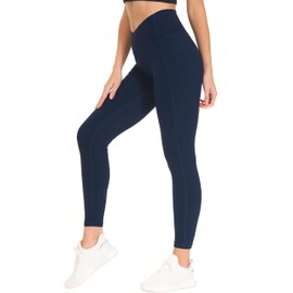 THE GYM PEOPLE Women's Cross Waist Workout Leggings Tummy Control High Waisted Athletic Yoga Pants with Pockets Blue