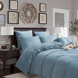 Gezu Bed Linen Winter Warm Plush 155 x 220 cm Light Blue Double-Sided Duvet Cover Cashmere Flannel Fleece Touch Fluffy Warm Fabric Velvet Duvet Cover Set with Zip with Pillowcase 80 x 80 cm
