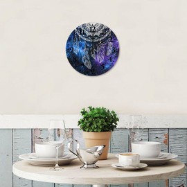 Wooden Wall Clock Battery Operated Non Ticking Boho Moon Dream Catcher Feather Frameless Wall Clocks Turquoise Purple Dreamcatcher Home Decor for Washroom Hotel Indoor 10 Inch