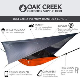 Oak Creek Camping Hammock and Accessories. Complete Package with Mosquito Bug Net, Rain Fly, Tree Straps. Great for Hiking, Backpacking, and Travel. Weighs Only 4 Pounds. Fire Orange and Gray.