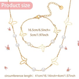 ANATTASOUL Gold Butterfly Pearl Necklace Bracelet Set for Women Small Pearl Necklace Gold Butterfly Pearl Choker Necklace Bracelet Adjustable Bridesmaid Wedding Jewellery, Stainless Steel