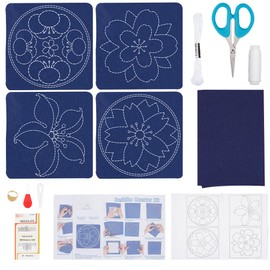 ACRNIGHEET 4 PCS Sashiko Coaster Kit Water-Soluble Template Handmade Coaster Japanese Embroidery Practice Project Coasters Kit for Beginners Traditional Japanese Sashiko DIY Kit with Instructions