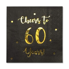 Cheers to 60 Years Cocktail Napkins | Happy 60th Birthday Decorations for Men and Women and Wedding Anniversary Party Decorations | 50-Pack 3-Ply Napkins | 5 x 5 inch folded (Black)