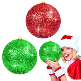 2Pack Christmas Balls Xmas Ball Tree Hanging Ornaments Glitter Christmas Ball for Christmas Tree Party Wedding Indoor Outdoor Holiday Decoration (Red,Green, 8inch-2pcs)