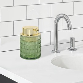 Tonxus Green Foaming Soap Dispenser, Glass Foam Hand Soap Dispenser with Gold Pump, 10 Oz Refillable Liquid Lotion Pump Container Ribbed Bottle for Bathroom Countertop Decor