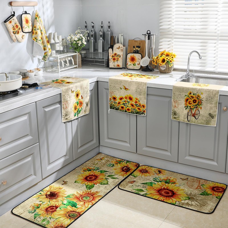 Fourluoo 10 Pcs Sunflower Kitchen Dish Towels Rugs Oven Mitts