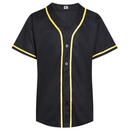 DEHANER Black Blank Baseball Jersey for Men Women Adult 90s 00s 10s Button Down Up Shirts Sports Uniforms Tops Golden Stripe-Black Jersey Size Small