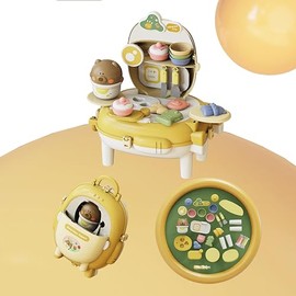 2-in-1 Kids Kitchen Play Set with Portable Bear Backpack, Yellow, Educational Cooking Play Food with plasticine with Bear Rice Cooker(HY-23)