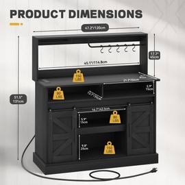 YITAHOME Buffet Cabinets with Upper Rack, Farmhouse Coffee Bar Cabinet with Power Outlet & Goblet Holder, 47 Inch Sideboard Cabinets with Sliding Barn Door for Kitchen, Living Room (Black Oak)