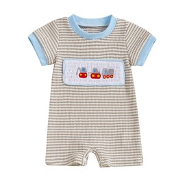 Motlapol Baby Boy Stripe Jumpsuit Golf Cart/Baseball/Football/Fire Truck/Excavator Embroidery Short Sleeve Waffle Knit Romper (Gray Excavator, 0-3 Months)