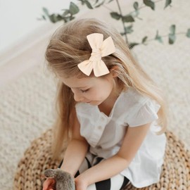 3.2'' Girls Ivory Linen Hair Bows Clips - Alligator Clips Hair Accessories for Little Girls, Toddlers, Kids, and Teens