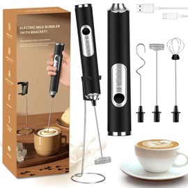 Agitador de Leche 6 en 1 con Base de Soporte, Espumador Eléctrico Recargable con 3 Cabezales de Acero Inoxidable y 3 Velocidades, Batidora de Mano para Espuma de Leche,Capuchino,Huevos,Harina