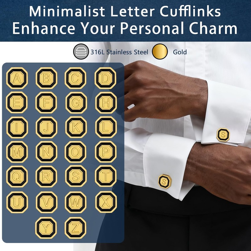 AMITER 18K Gold Plated Initial Cufflinks, Mens Cuff Links for
