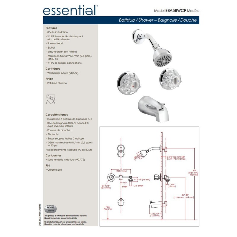 Belanger EBA58WCP 2-Handle Tub & Shower Comlete Faucet Set with