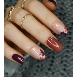 Kikmoya 24Pcs Fall Press on Nails Short Oval Round Red and Pink Fake Nails with Flowers Designs Glossy False Nails Autumn Nails Full Cover Stick on Nails for Women (Red and Pink with Flowers)