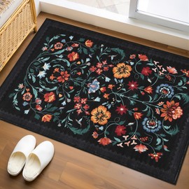 Floral Rug for Entryway 2x3 Rugs Machine Washable Boho Small Area Rug Non-Slip Low-Pile Front Door Soft Mat for Entrance, Bedroom, Kitchen, Laundry, Bathroom, Black