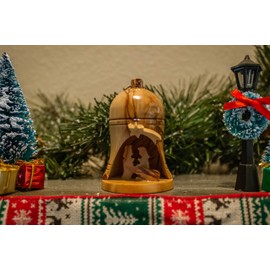 Logos Trading Post Holy Land Olive Wood Christmas Bell Nativity from Israel, Jesus Mary and Joseph in The Manger with Shooting Star, Wooden Ornament from Bethlehem - Medium