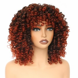 PORSMEER Pelucas Afro Rizadas De 35 Cm Para Mujer, Cortas, Sueltas Y Rizadas Con Flequillo Para Mujeres Negras, Cabello Sintético Afro Rizado De Los Años 70 (De Negro A Cobre)