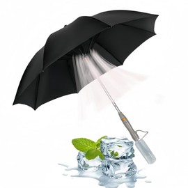 Umbrella with Fan & Mist Spray - Rechargeable UV Protective Cooling Umbrella for Patio, Beach, Travel | Portable Misting System & Detachable Water Bottle Included (Black)